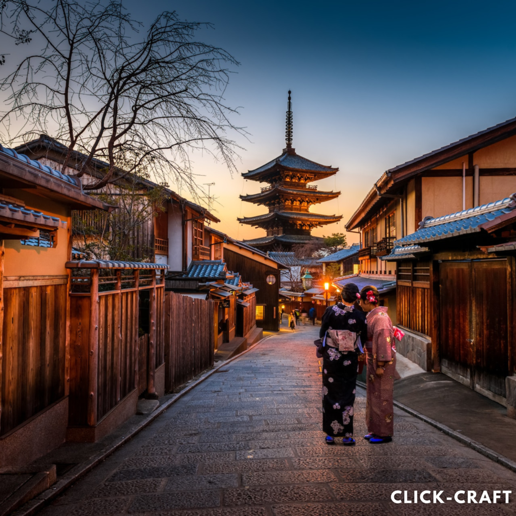 Two women in traditional Japanese kimonos walking along a historic, wooden street in Kyoto, with a pagoda-style temple in the background.