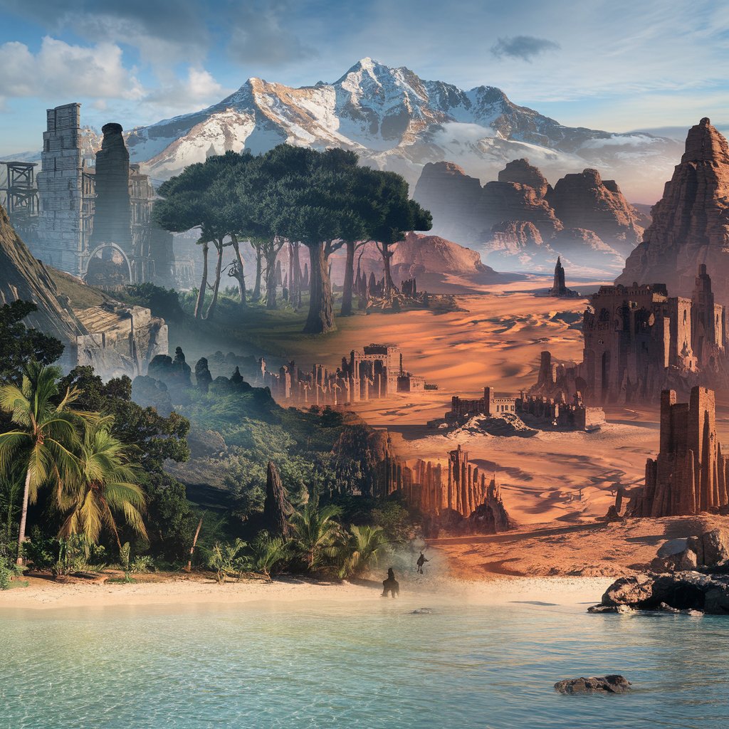 The image depicts a fantastical and awe-inspiring landscape, featuring a diverse array of natural and architectural wonders. Towering snow-capped mountains rise in the background, while lush forests, ancient ruins, and mysterious structures dot the foreground. The scene evokes a sense of adventure, exploration, and the discovery of unforgettable places.