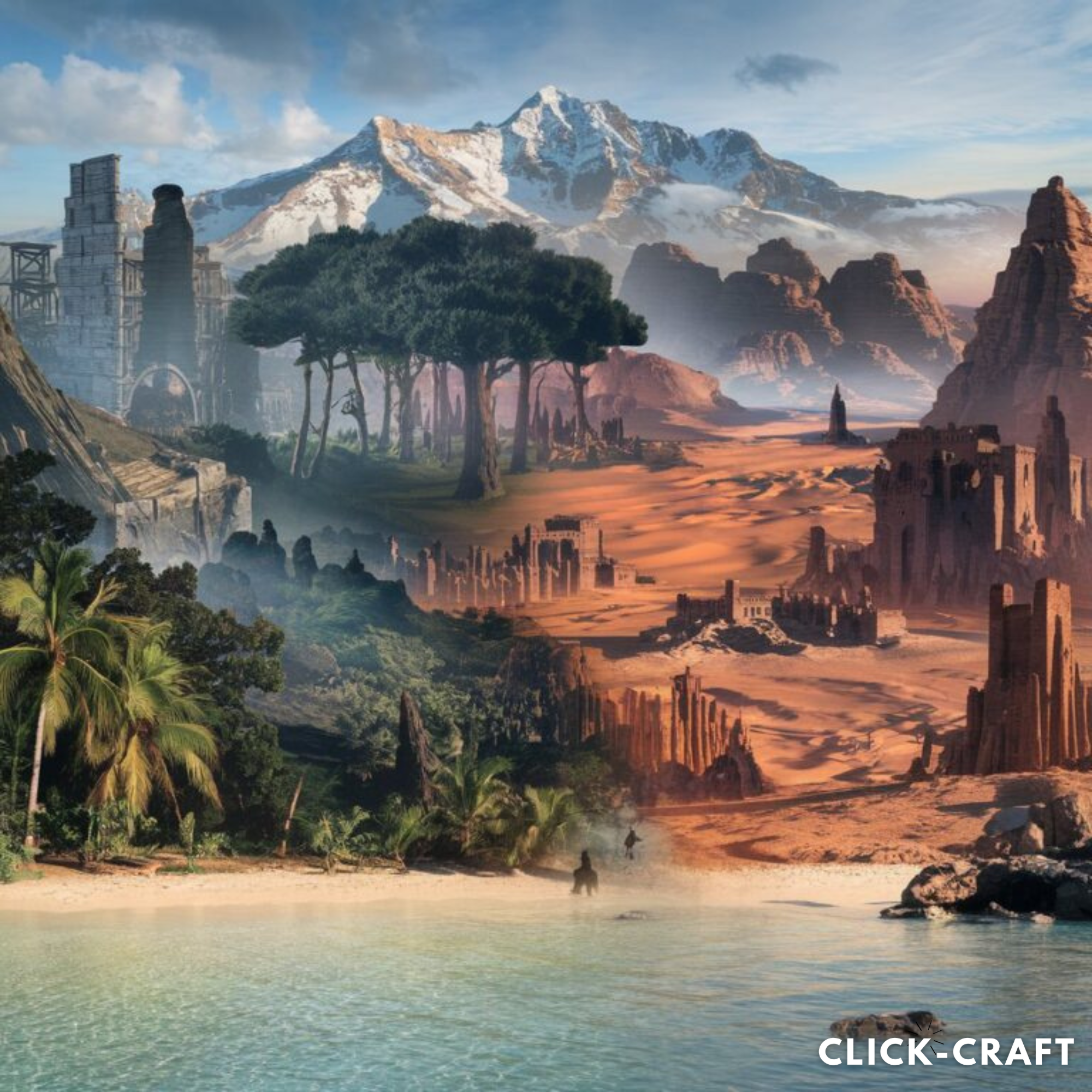 The image depicts a fantastical and awe-inspiring landscape, featuring a diverse array of natural and architectural wonders. Towering snow-capped mountains rise in the background, while lush forests, ancient ruins, and mysterious structures dot the foreground. The scene evokes a sense of adventure, exploration, and the discovery of unforgettable places.