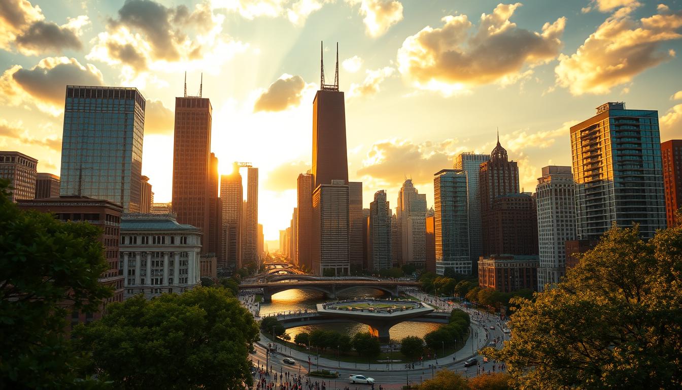 Stunning skyline view of Chicago featuring the Willis Tower, modern skyscrapers, and the Chicago River under a clear blue sky