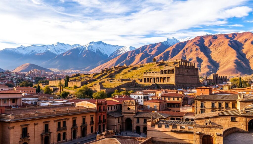 Aerial view of Cusco, Peru, showcasing the historic city surrounded by green mountains, with terracotta rooftops, cobblestone streets, and the iconic Plaza de Armas at its center