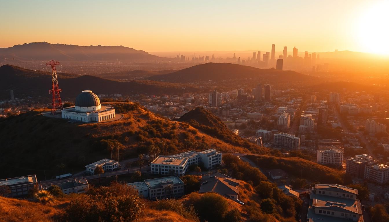 Panoramic view of Los Angeles showcasing the downtown skyline, palm trees, and a hazy horizon under a warm, golden sunset.