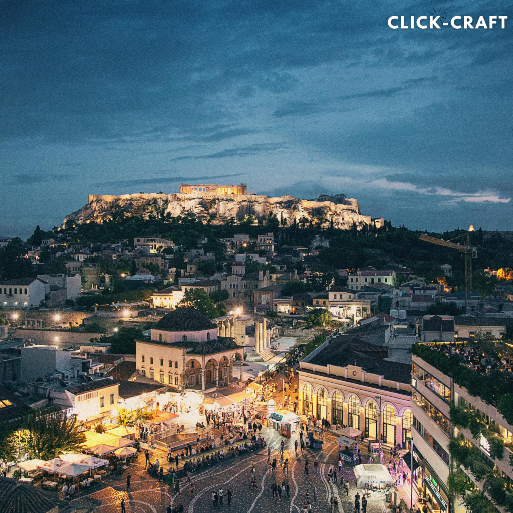 A vibrant night view of Athens with illuminated ancient ruins and modern city lights blending together.